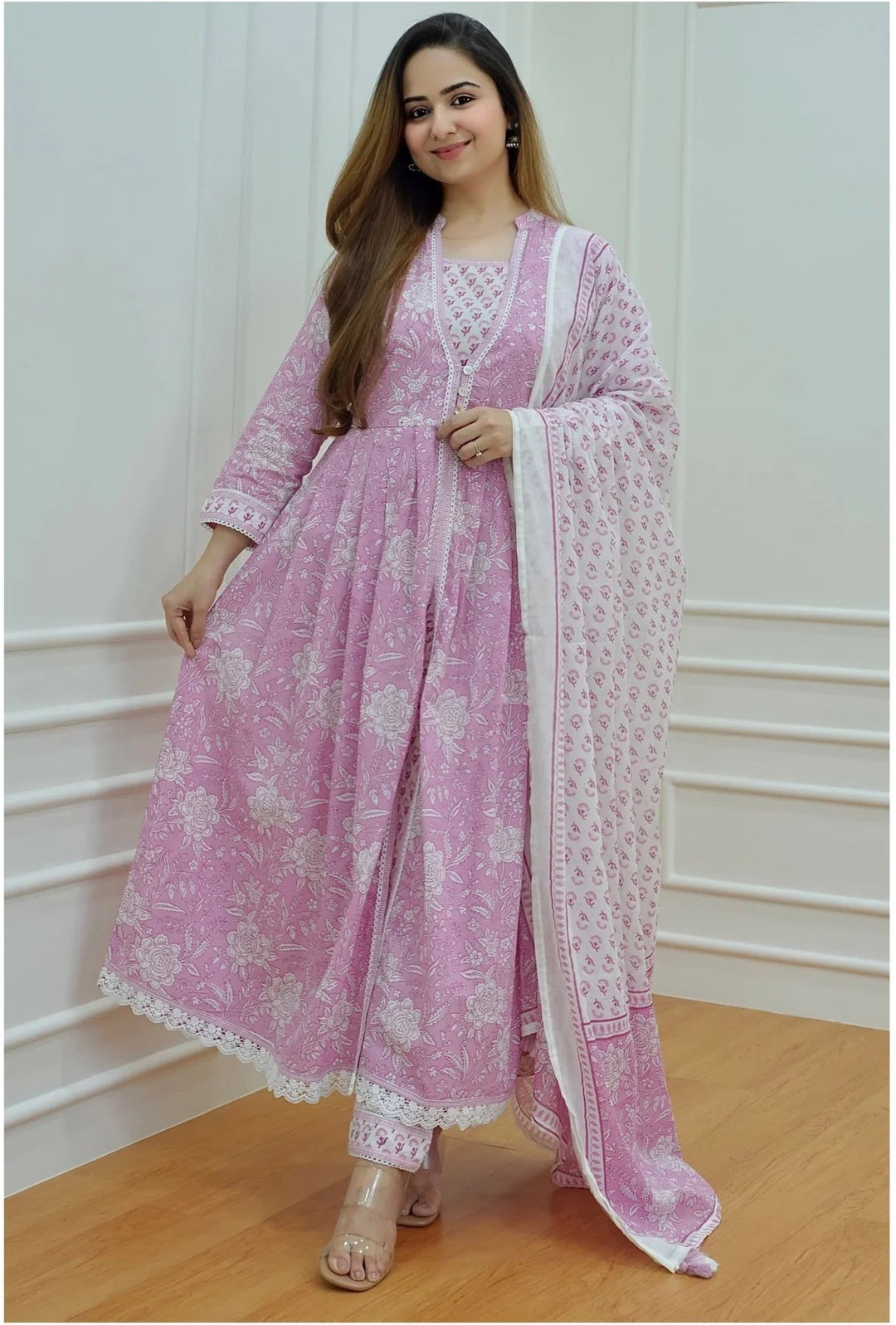 Pink Floral Printed wear Kurti With Bottom Dupatta set