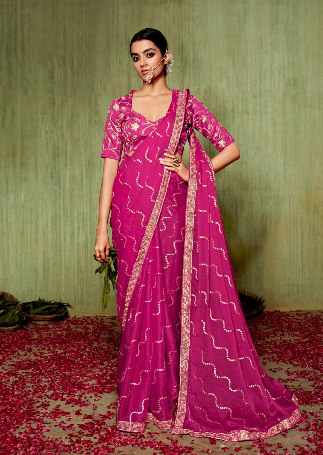 Dark Pink Chiffon Foil Printed Bandhani Saree