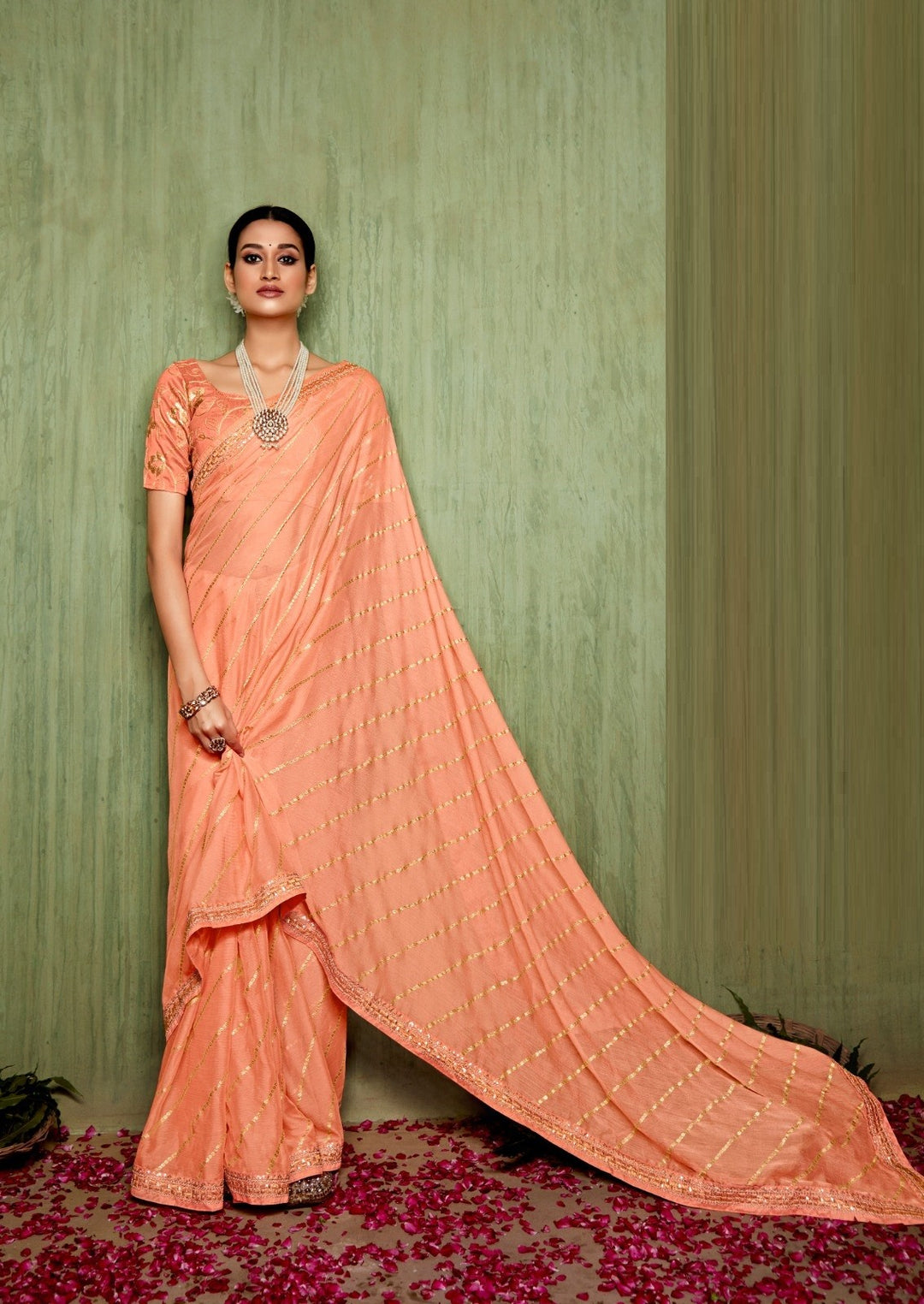 Light Orange Chiffon Foil Printed Bandhani Saree