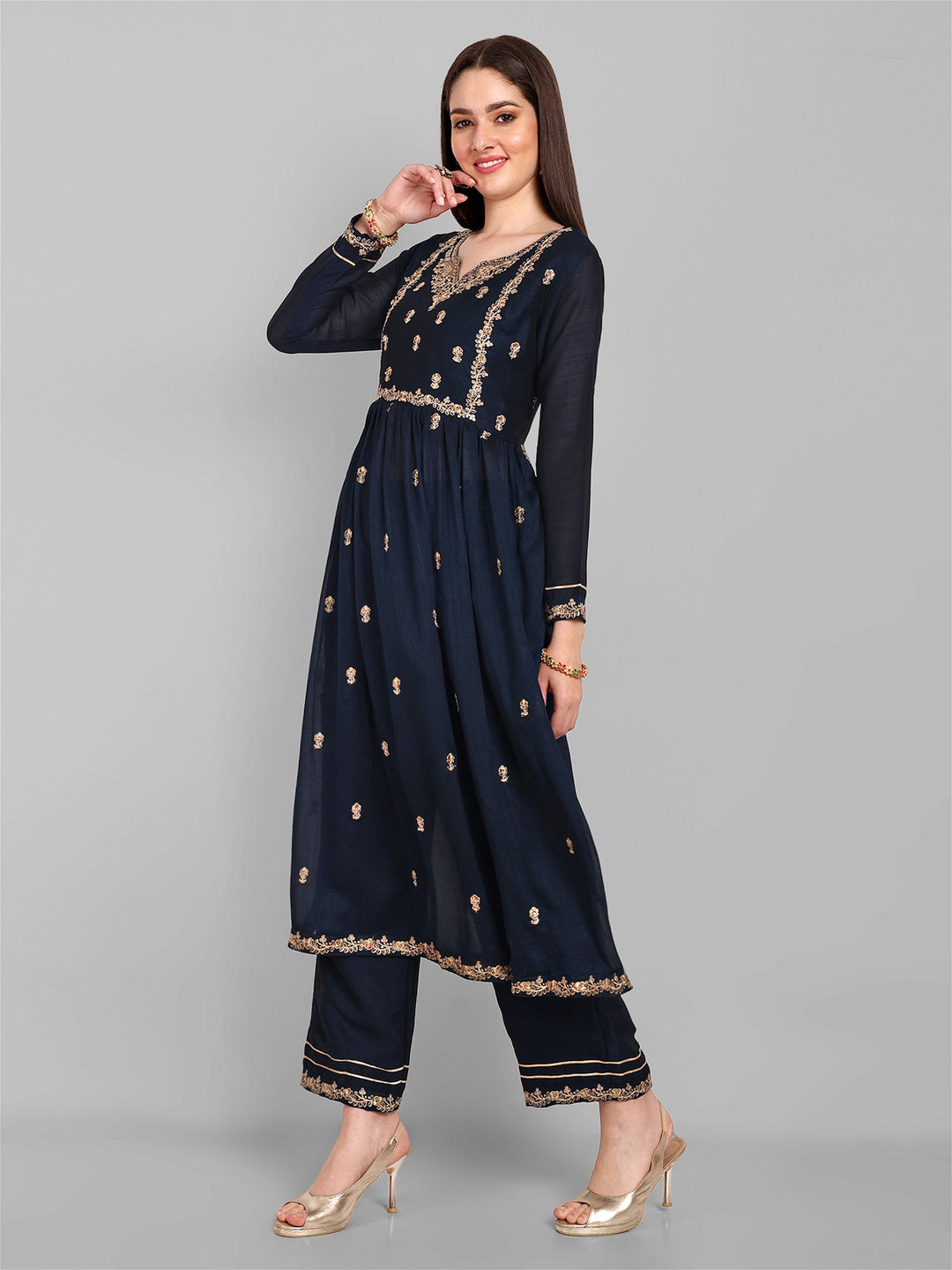 Women Embroidered Vichitra Silk kurta Pant set in Navy Blue Color