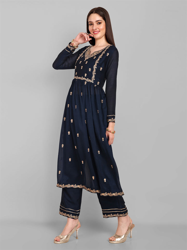 Women Embroidered Vichitra Silk kurta Pant set in Navy Blue Color