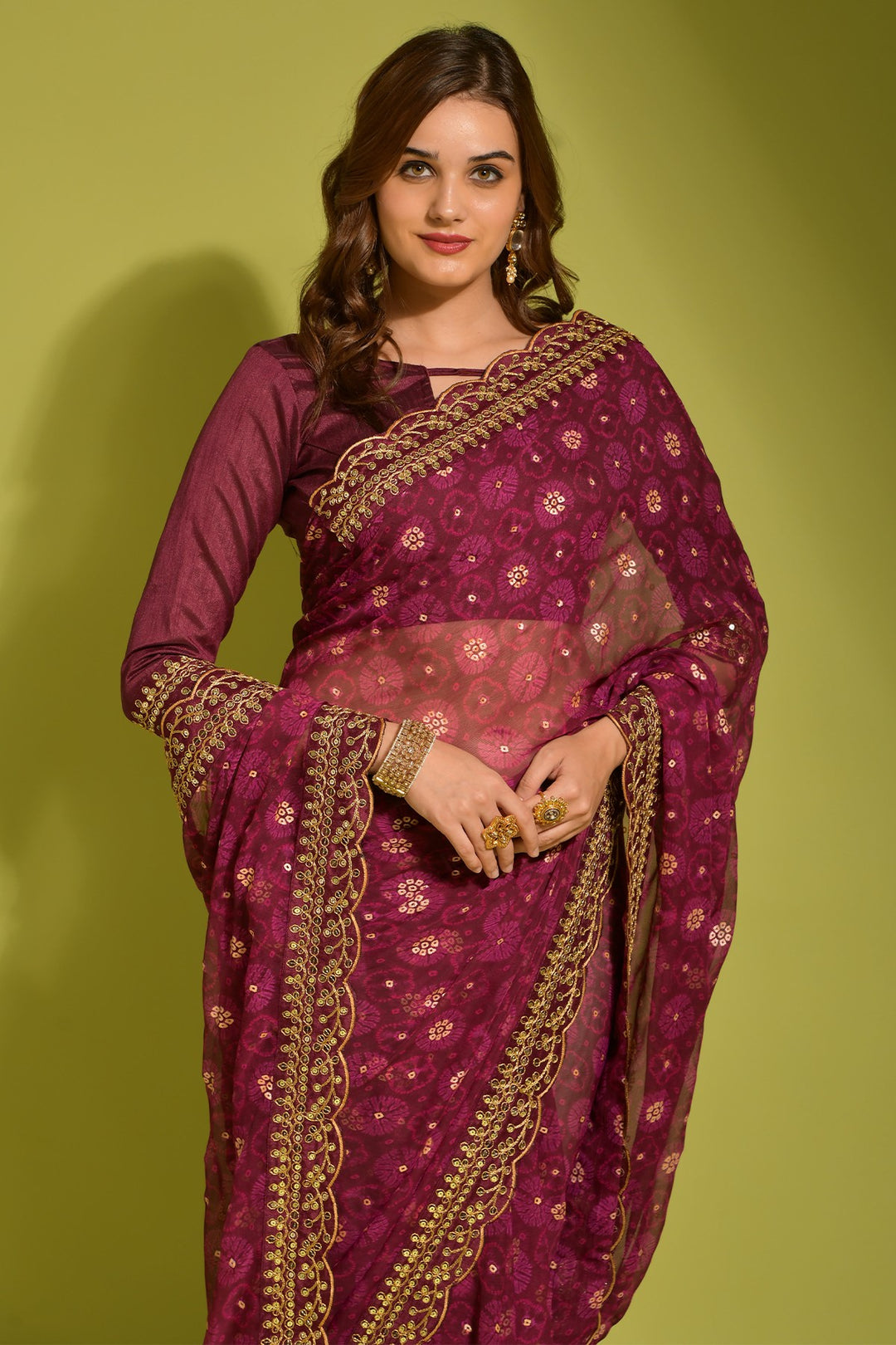 Wine Georgette with Flower Foil Print Saree