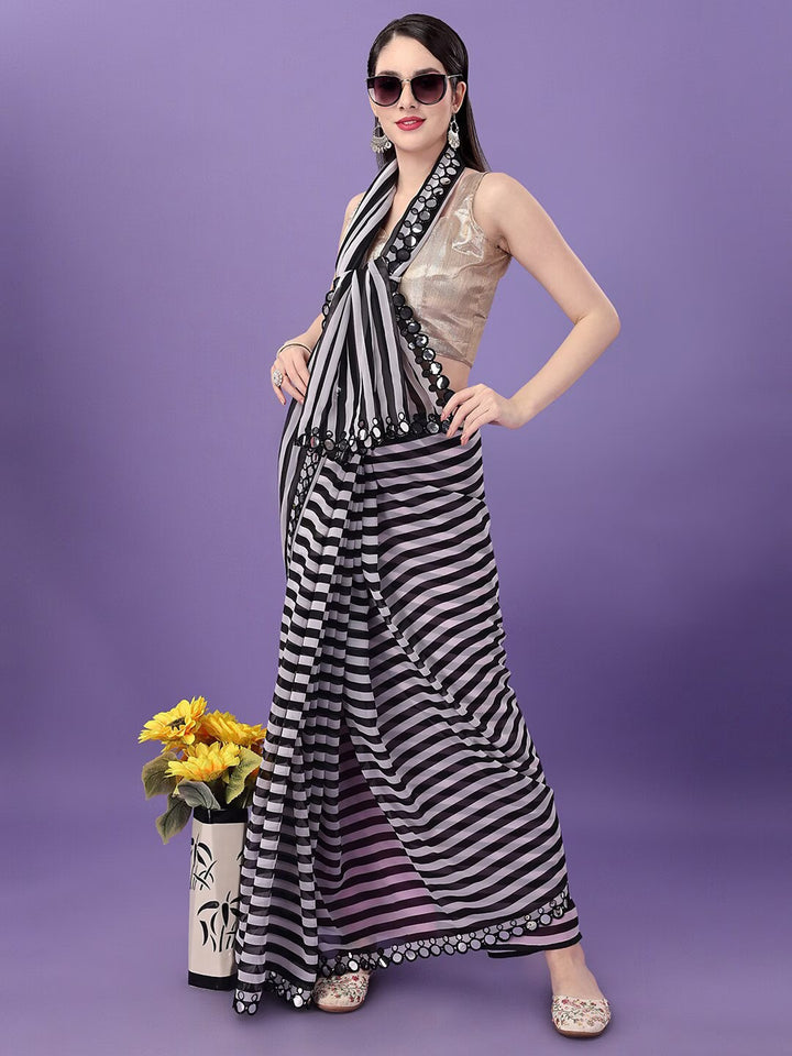 Black Georgette with Leriya Print And Mirror Lace Work Saree