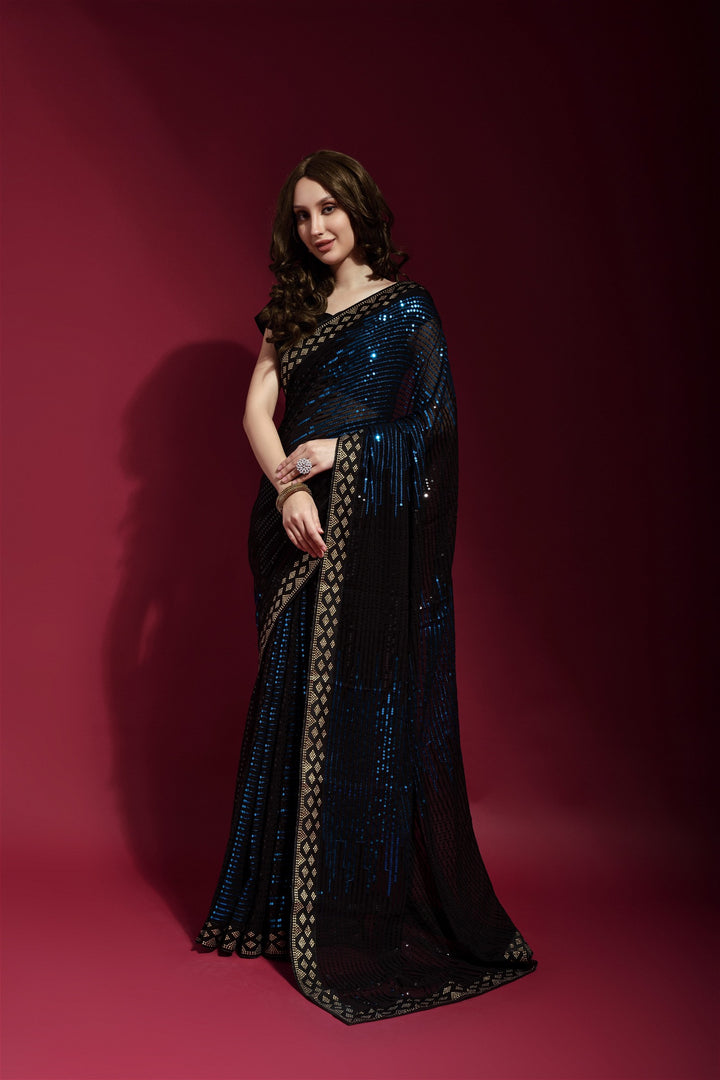 Blue Colour Sequance Work Georgette Saree