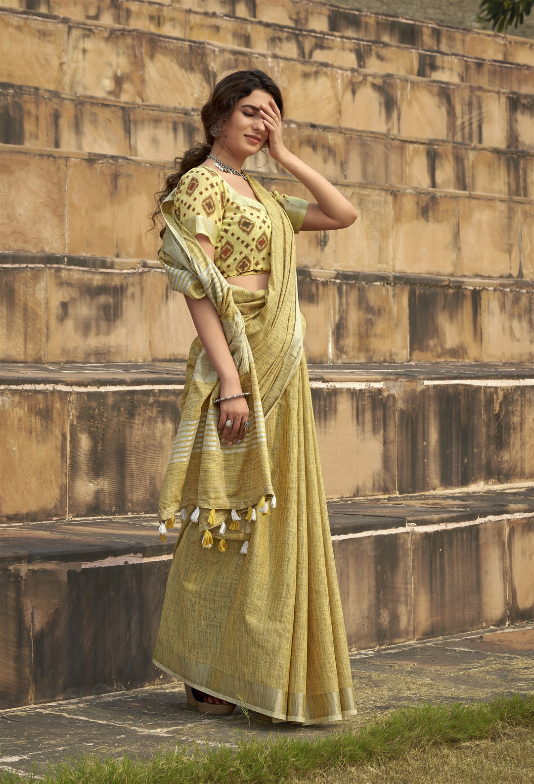 Soft linen Silk With Khadi Print Saree
