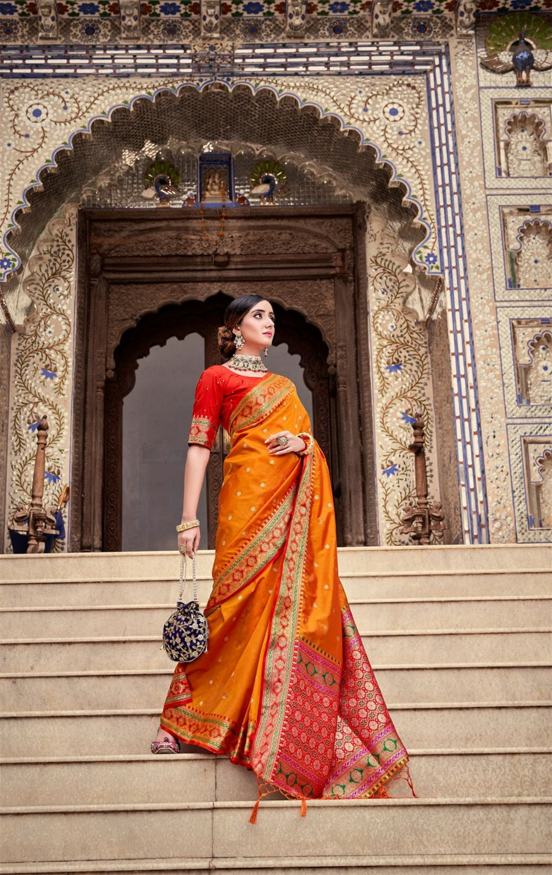 Orange Colour Designer Weaving Work Soft Silk Saree