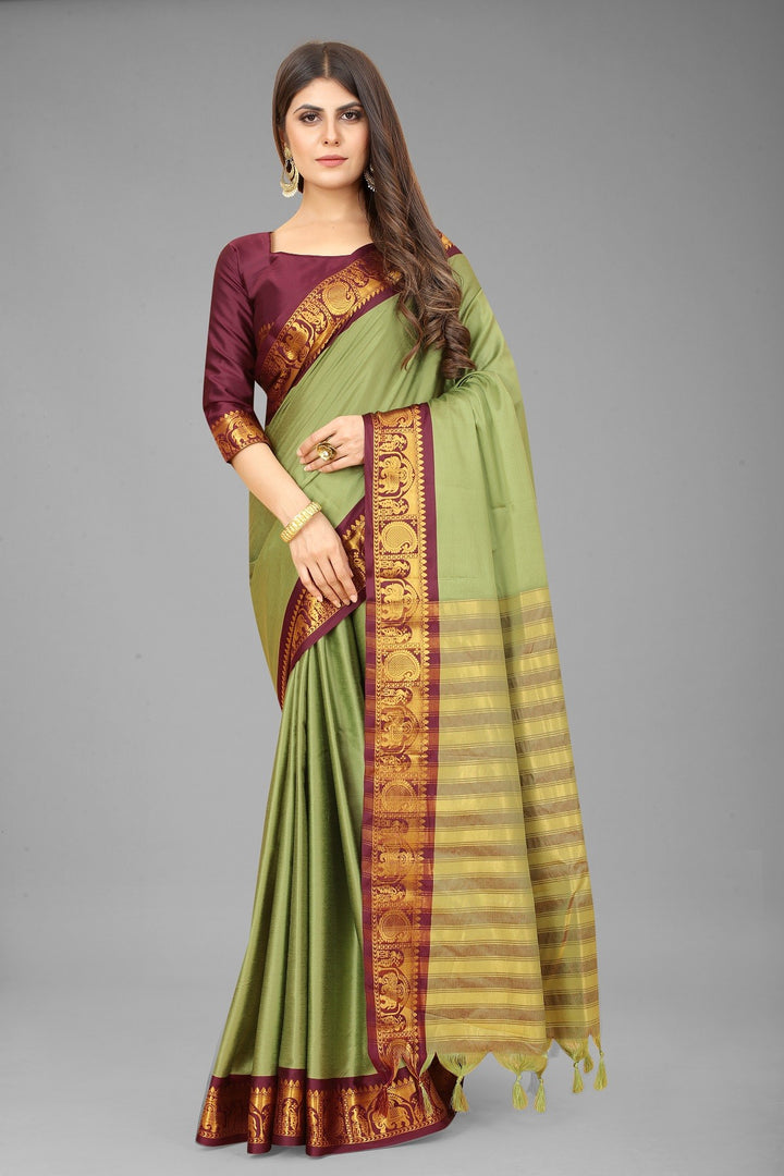 Pista Brown Colour Cotton Silk Saree For Women's
