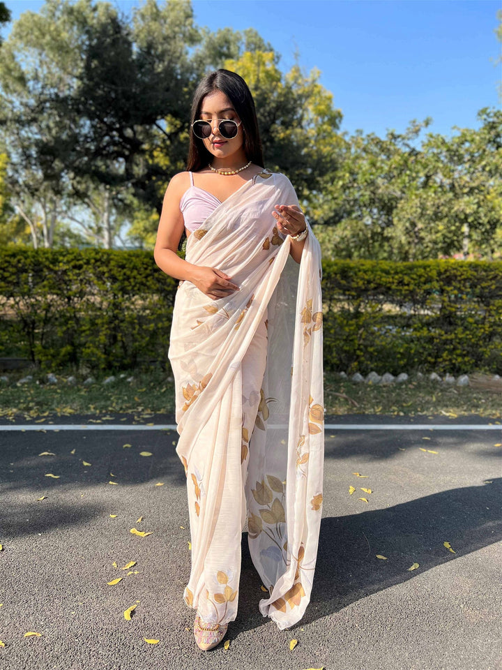 Cream Colour Chiffon Digital With Foil Print Saree For Women's