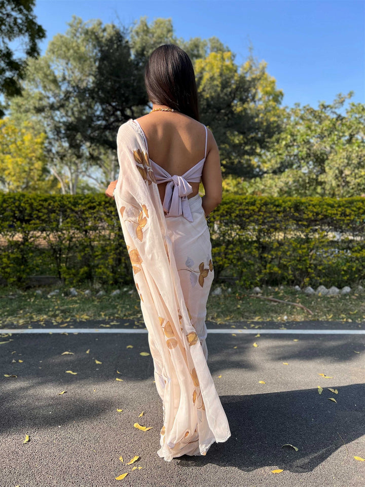 Cream Colour Chiffon Digital With Foil Print Saree For Women's