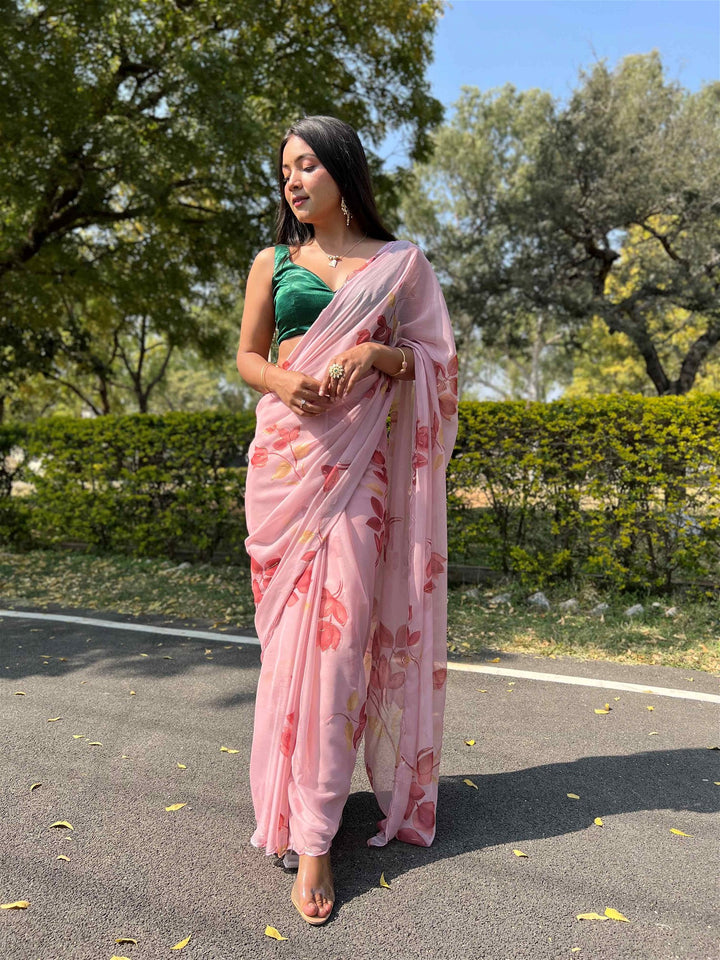 Pink Colour Chiffon Digital With Foil Print Saree For Women's