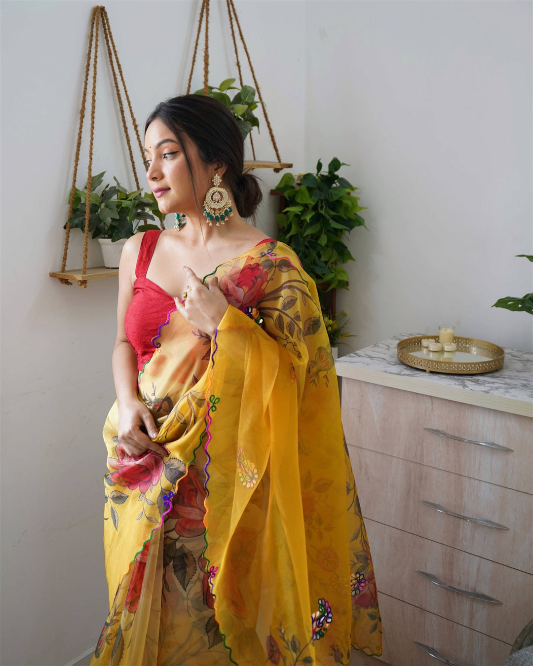 Yellow Colour Organza Digital Print With Gota Patti Work Saree For Women's