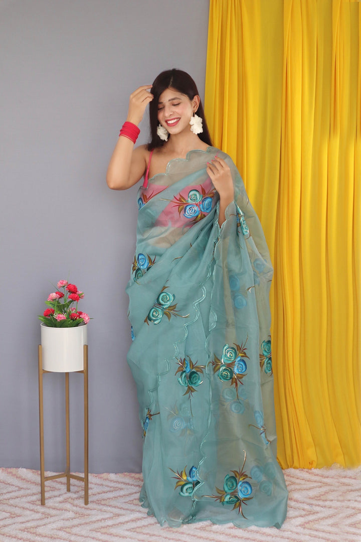 Blue Colour Nylon Organza Hand Print With Foil Work Saree For Women's