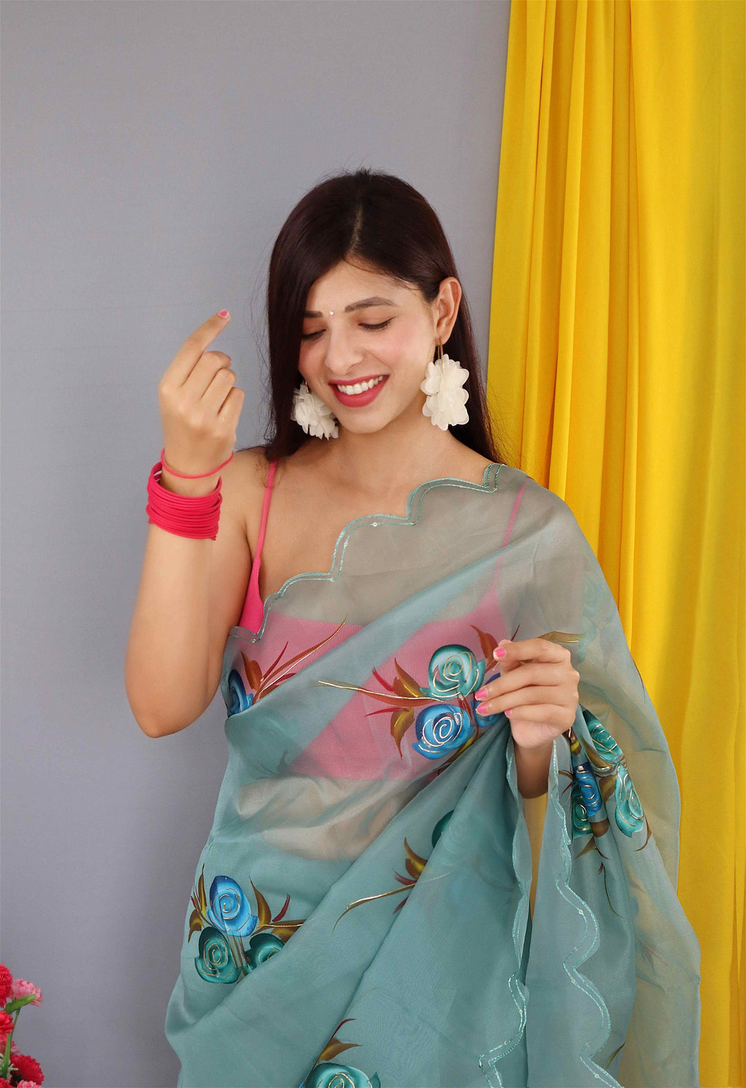 Blue Colour Nylon Organza Hand Print With Foil Work Saree For Women's