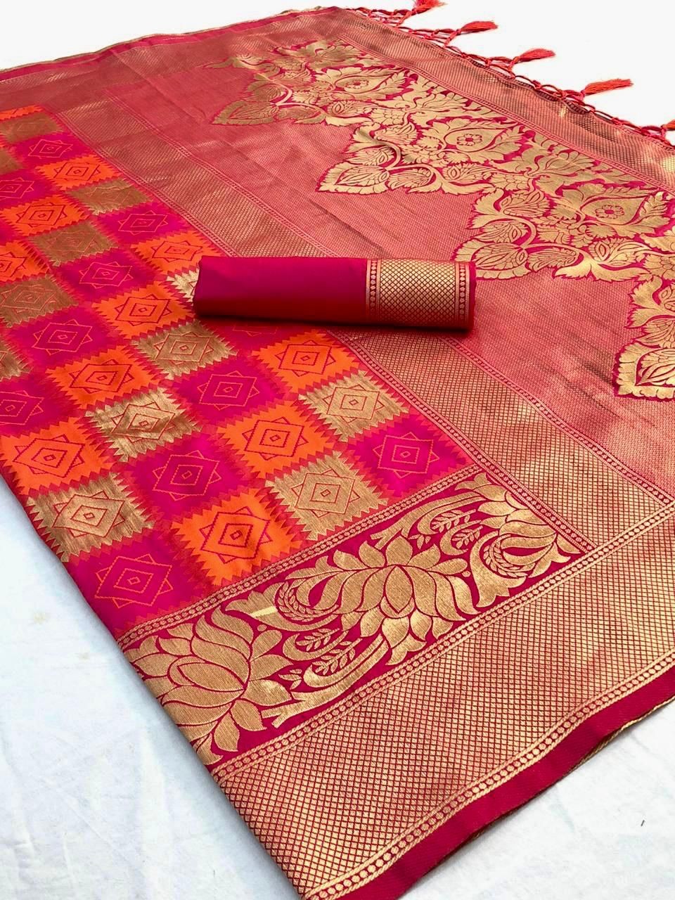 Pink and Red Beautiful Rich Pallu and Jacquard Soft Silk Saree