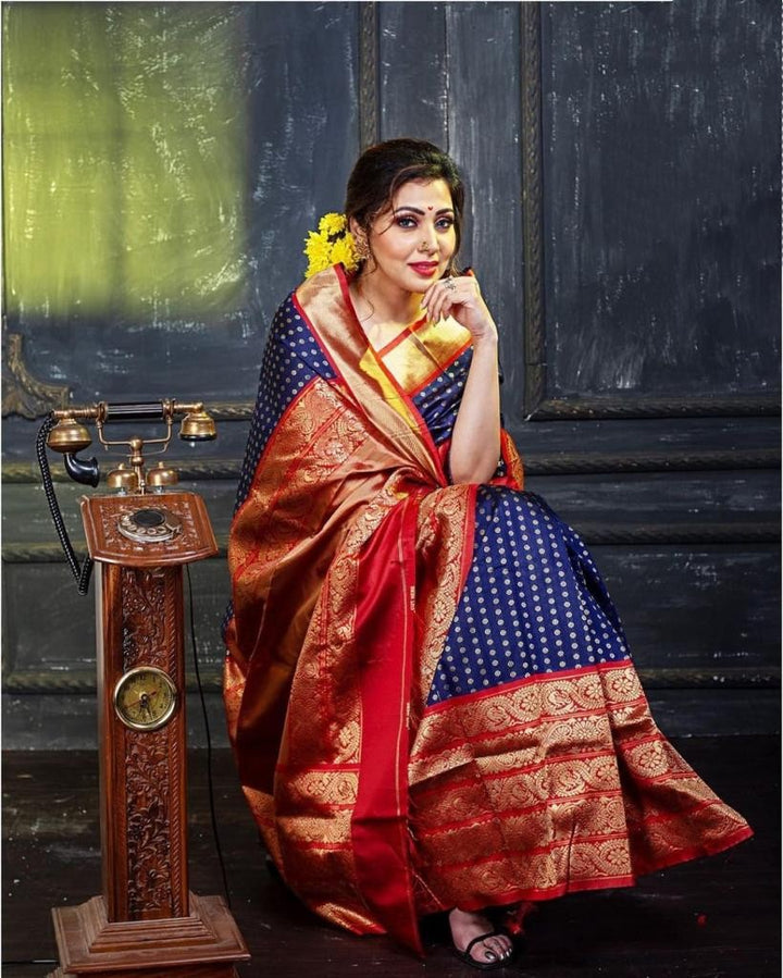 Bule and Red Soft Lichi Silk Saree