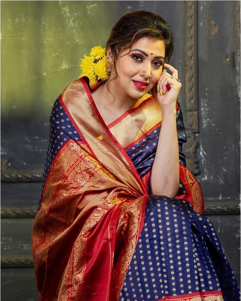 Bule and Red Soft Lichi Silk Saree