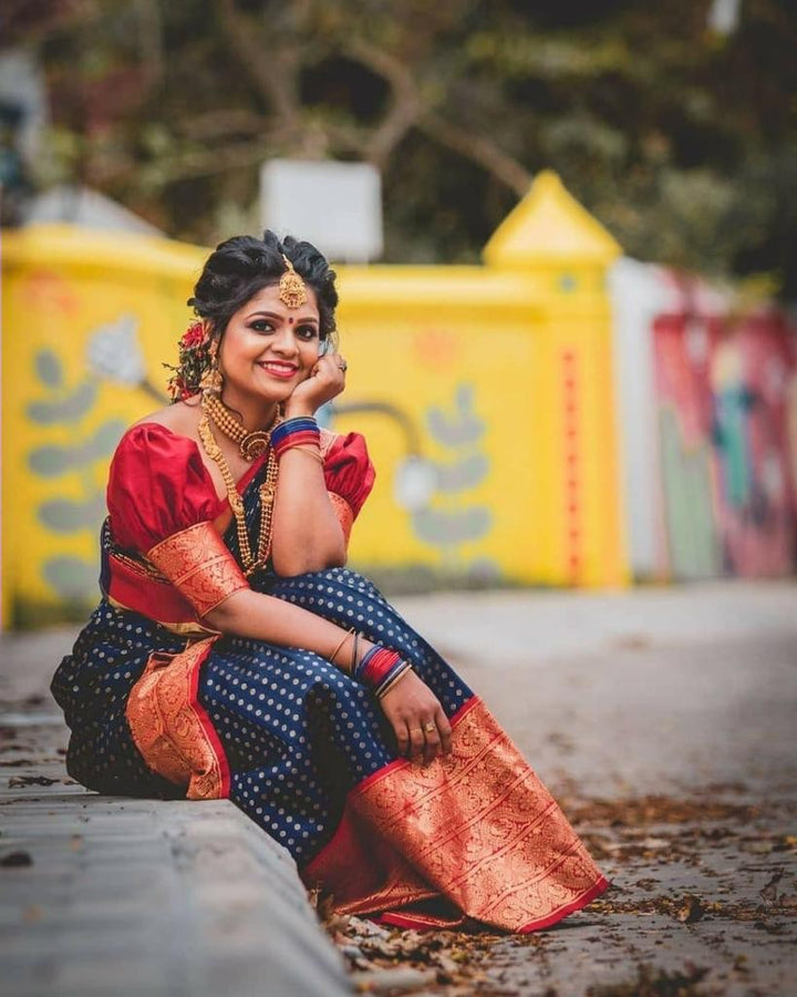 Bule and Red Soft Lichi Silk Saree