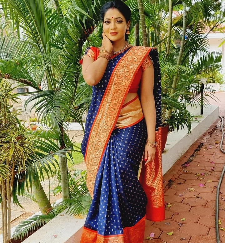 Bule and Red Soft Lichi Silk Saree