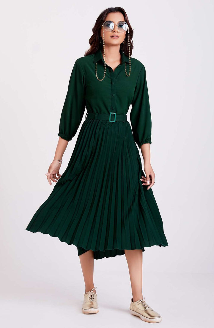 Green Pan Collar Pleated Western Wear dress for women
