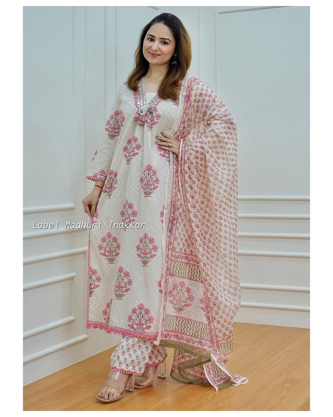 New Trending Offwhite And Pink Color Pure Cotton Floral Printed Top And Bottom With Dupatta