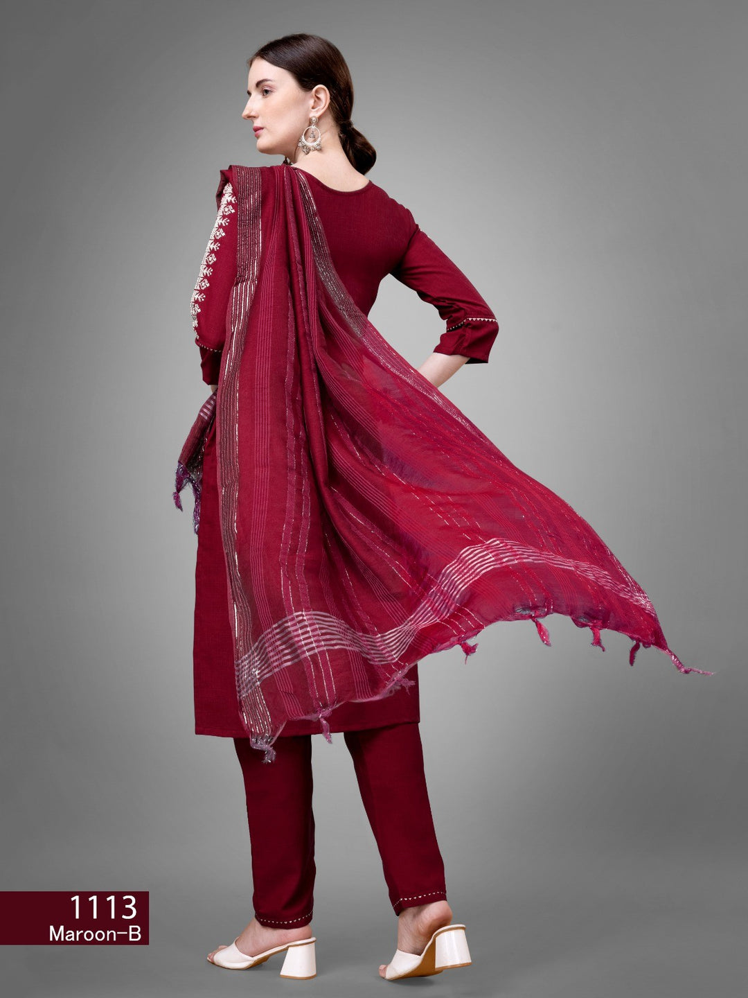 Women's Maroon Color Cotton Bland  Embroidery With Sequence Work Kurta Pant With Dupatta Set