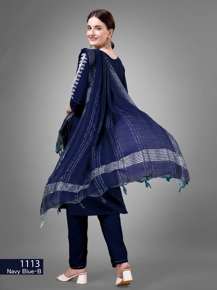 Dark Blue Kurti Set  Cotton Blend Kurti With Bottom Dupatta Collection