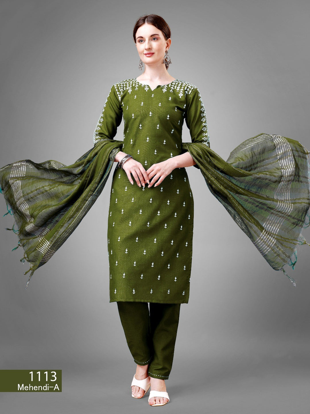 Women's Mehendi Color Cotton Bland Embroidery With Sequence Work Kurta Pant With Dupatta Set