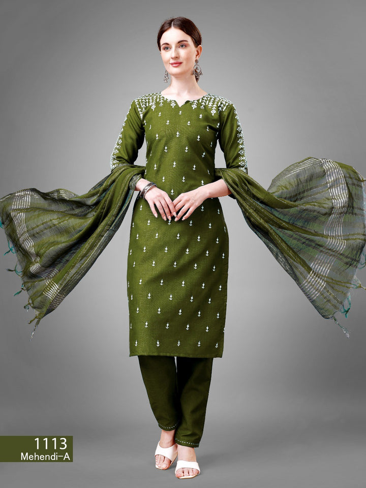Women's Mehendi Color Cotton Bland Embroidery With Sequence Work Kurta Pant With Dupatta Set