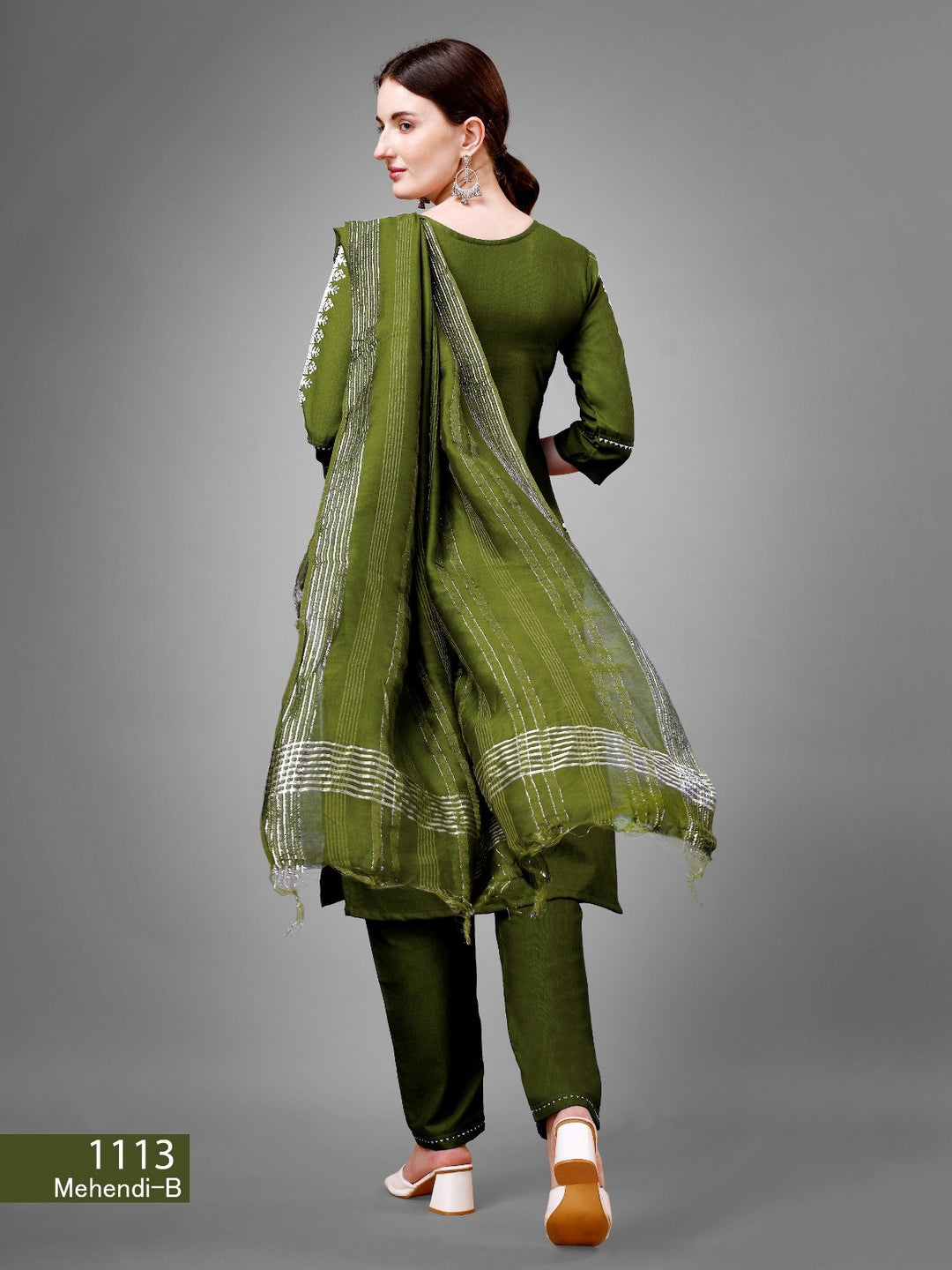 Women's Mehendi Color Cotton Bland Embroidery With Sequence Work Kurta Pant With Dupatta Set