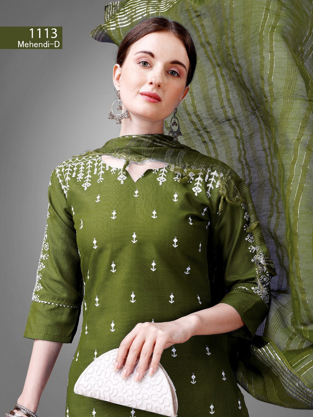 Women's Mehendi Color Cotton Bland Embroidery With Sequence Work Kurta Pant With Dupatta Set